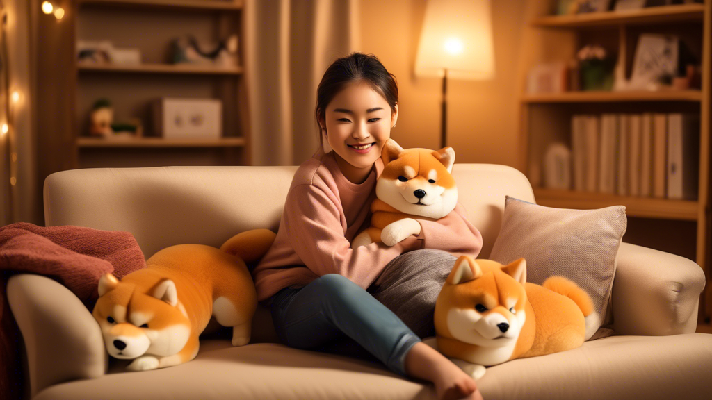 Create a heartwarming image of a young person in a cozy room, hugging an incredibly adorable and lifelike Shiba Inu plush toy. The plush toy should have a soft, fluffy texture, a cheerful expression, 