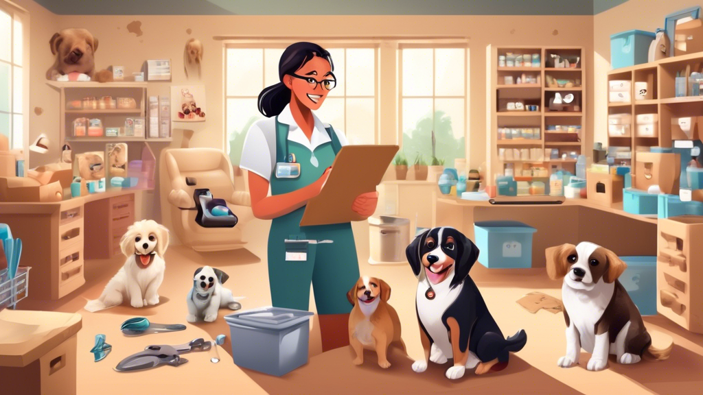 Create an image featuring a well-organized workspace for dog breeders, complete with boxes of essential supplies such as puppy food, medical kits, grooming tools, bedding, and toys. In the center, the