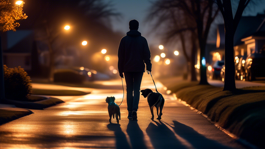 Create an image of a dog owner walking their dog at dusk in a suburban neighborhood. The dog is wearing a reflective leash that glows brightly, making both the dog and the leash clearly visible in the