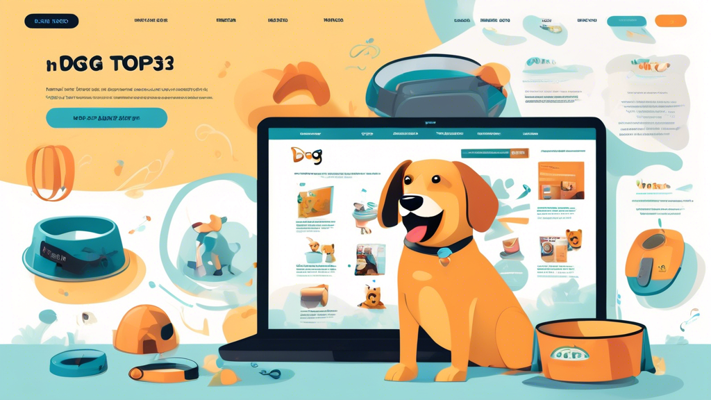 Create an image showing the top websites for dog supplies in 2023, incorporating illustrations of popular dog accessories like beds, toys, collars, and food bowls. The scene should include a computer 