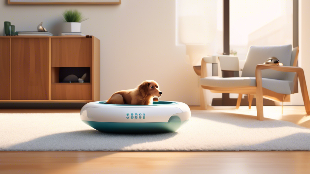 Create an intricate illustration of a sleek, modern fetch machine, designed for playing fetch with pets. The machine is set in a bright living room, with a happy dog eagerly waiting beside it. The roo