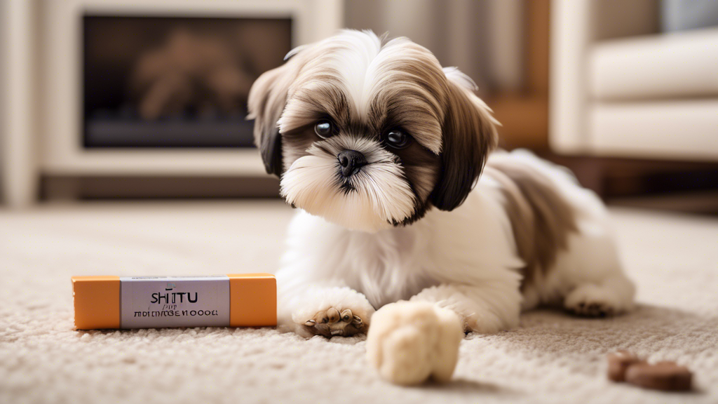 Create a heartwarming scene featuring a Shih Tzu puppy in a cozy living room. The Shih Tzu is engaged in a training session with its owner, who is holding a treat and giving a command. The puppy looks