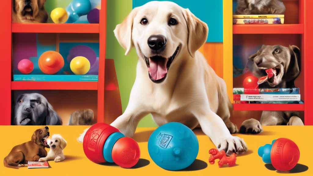 Create an image of a playful dog enthusiastically interacting with a Kong toy in a vibrant, indoor setting. Show the dog chewing, pawing, or trying to extract treats from the toy, with a happy express