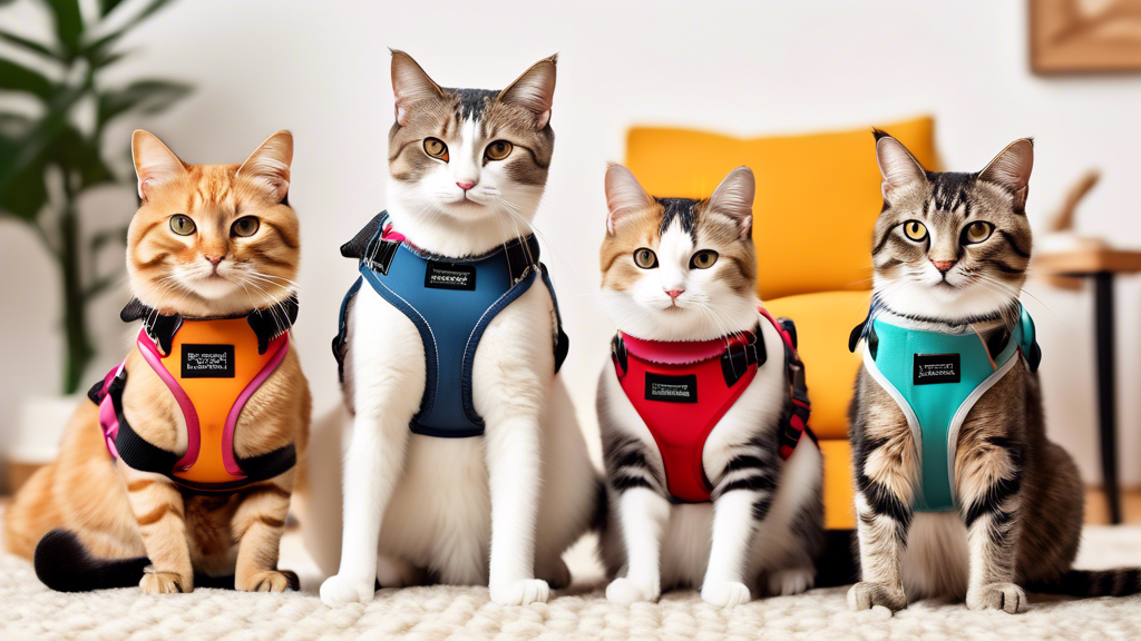 Create an image of a variety of cats wearing different types of harnesses in a cozy living room setting. Show a range of harness styles including vest-type, H-style, and jacket-style harnesses. The ca