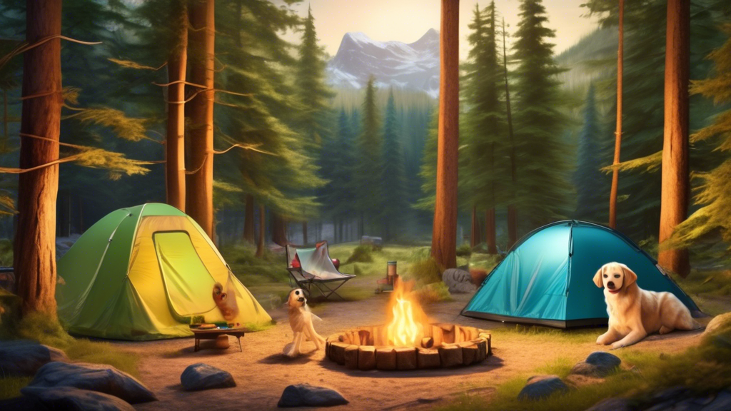 Create a detailed and vibrant scene of a picturesque campsite nestled in a forest. Include happy campers setting up tents and a cozy campfire. In the foreground, feature a sturdy, spacious dog pen wit