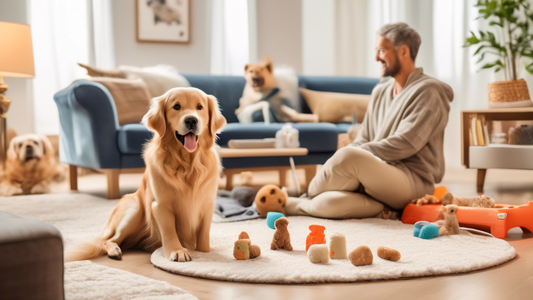 Create an image depicting a patient dog owner in a cozy living room, using positive reinforcement training techniques to teach their dog to stay. The dog, a happy and attentive Golden Retriever, sits 