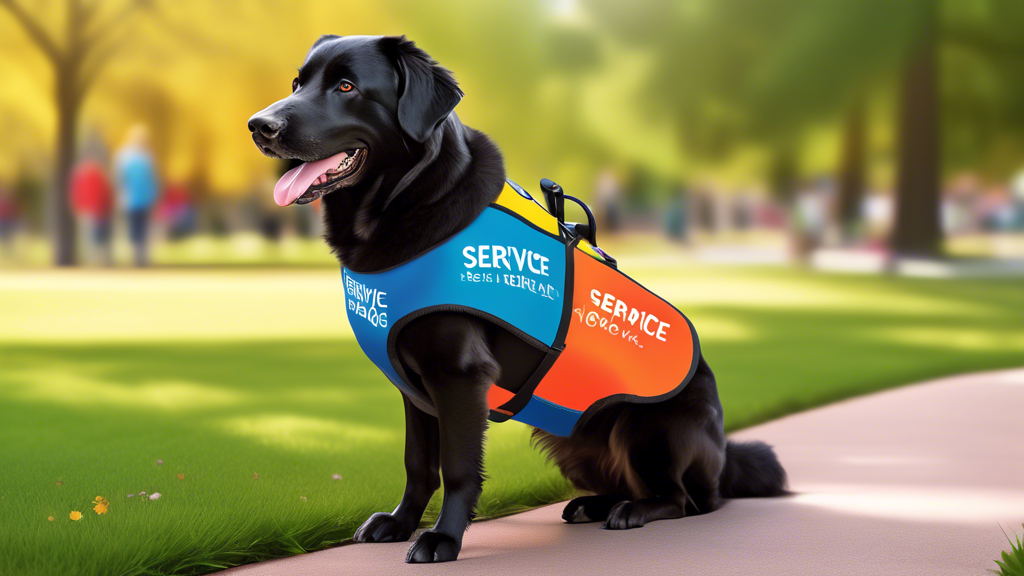 Create an image of a happy service dog wearing a perfectly fitted custom service dog vest with vibrant colors. The vest should have clear, readable text and symbols indicating 'Service Dog.' The backg