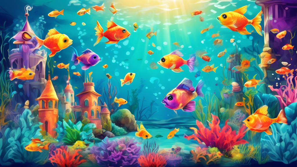 A vibrant underwater scene featuring various colorful fish happily swimming around as they nibble on chewy, nutritious fish food. The fish food comes in different shapes and sizes, perfectly suited fo