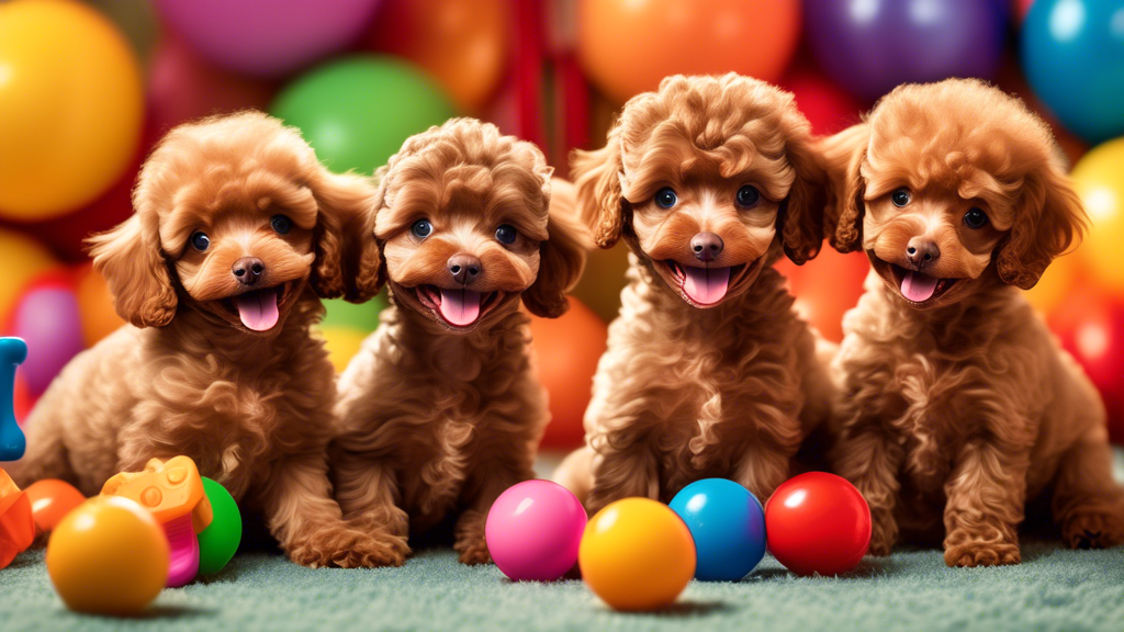 An image of a group of adorable brown toy poodle puppies playfully interacting in a cozy, sunlit room, surrounded by colorful toys, with a 'For Sale' sign in the background.