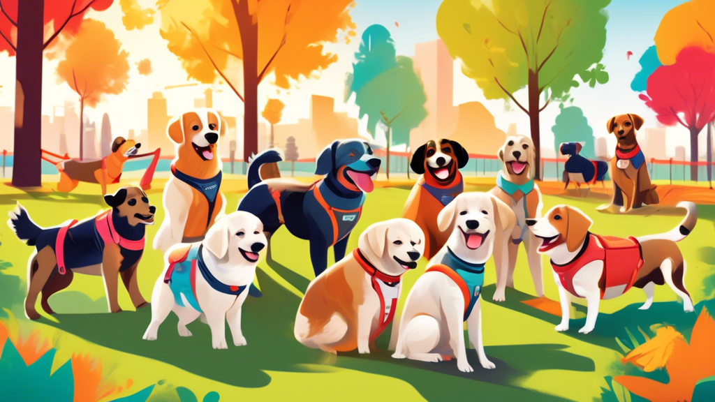 A diverse group of happy dogs wearing colorful, well-fitted non-slip harnesses while playing in a vibrant, sunlit park with their owners. The image should show different breeds and sizes of dogs, high