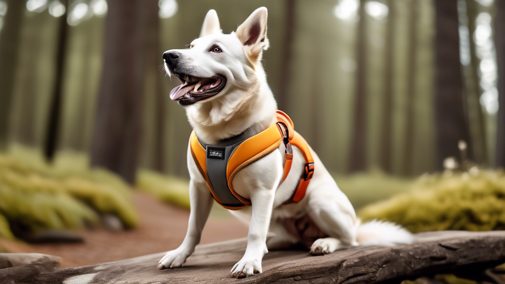 Create an image of a happy dog outside, wearing a stylish and secure Ruffwear harness that fits perfectly. The dog should look comfortable and ready for an adventure. Include a variety of Ruffwear har