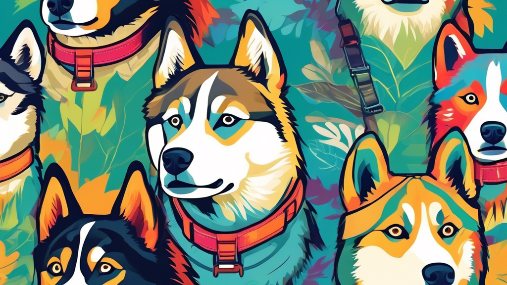 Create an image featuring a Siberian Husky on a nature trail, showcasing various stylish and comfortable harnesses. The harnesses should be designed specifically for Huskies, highlighting vibrant colo