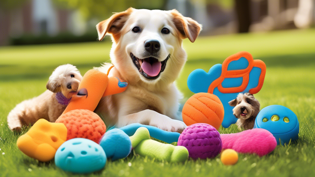 Create a vibrant and engaging image showcasing a variety of GoDog dog toys in a playful setting. Highlight features like durability, unique designs, and interactive elements. Include happy dogs of dif