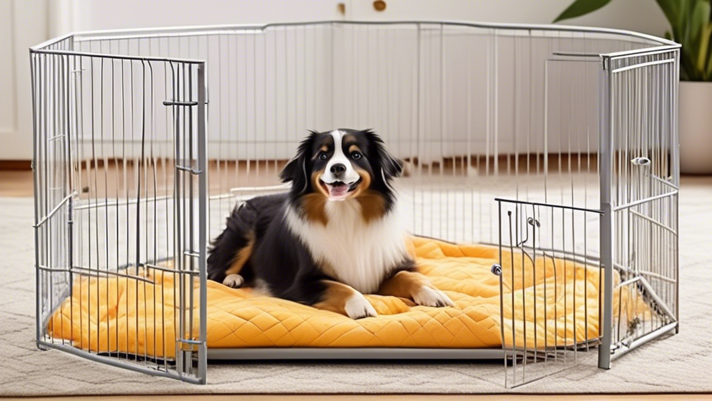 Create a detailed and colorful image of various styles of indoor dog pens in a cozy living room setting. Include different kinds of dog pens, such as metal, wooden, and plastic, with various features 