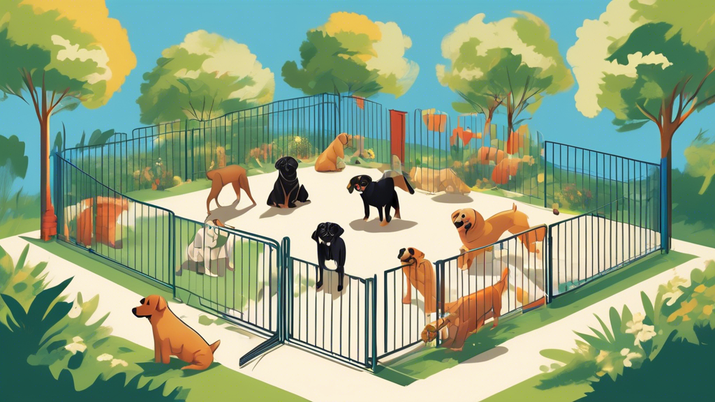 An artistic rendering of a spacious and well-designed 10x10 dog pen, featuring a variety of playful obstacles, cozy shelter areas, and lush greenery, with different breeds of dogs happily interacting 