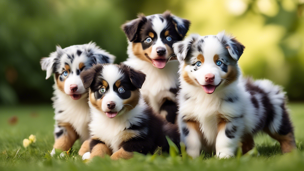 Create a heartwarming image of several adorable Miniature Australian Shepherd puppies playing together in a sunny, green backyard. The puppies should have a variety of coat colors, including blue merl