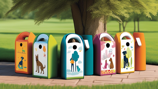 Create an image showcasing a selection of stylish and functional dog waste bag dispensers, displayed in a variety of settings such as clipped to a pet owner's belt, attached to a leash, and mounted in