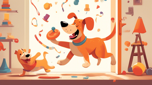 Create an illustration that shows a joyful dog performing a variety of unique tricks. The scene should include tricks like balancing a treat on its nose, playing dead, skateboarding, jumping through a