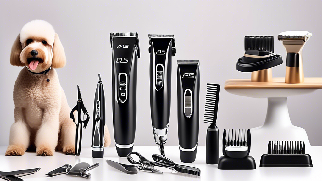 Create an image featuring a variety of high-quality A5 dog clippers arranged neatly on a grooming station. Include different models and brands with sleek designs, showcasing their features. Surround t