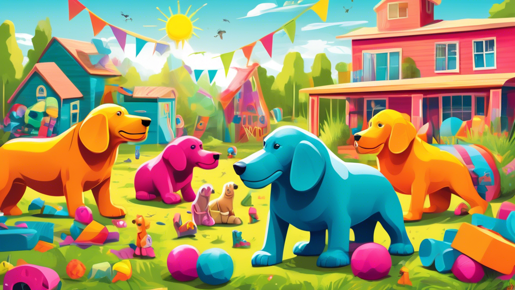 Create a vibrant, playful scene featuring a large, joyful dog surrounded by gigantic, colorful dog toys shaped like mammoths. The dog should be happily engaging with the oversized toys in a sunny, gra