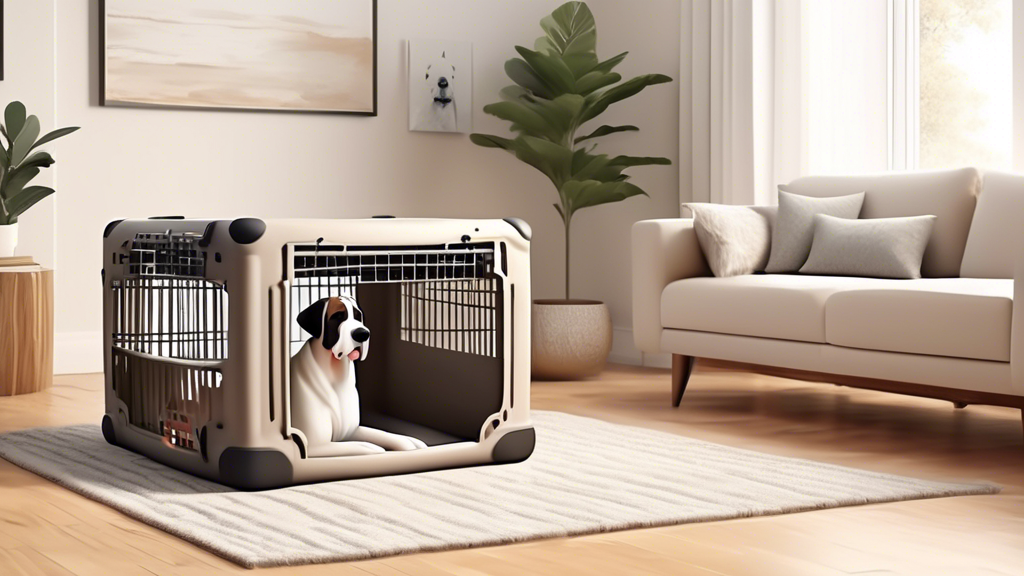 A detailed illustration of a spacious, sturdy extra large dog crate in a cozy living room setting, with a gentle giant breed dog such as a Great Dane or Saint Bernard comfortably inside. The crate fea