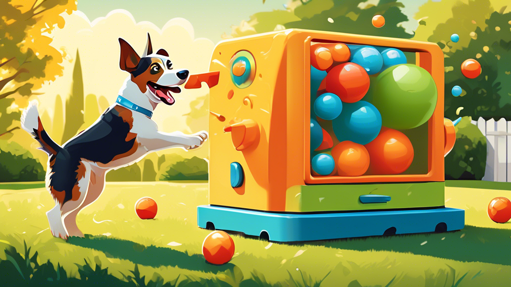 Create a vibrant and playful illustration of an automatic ball throwing machine in a sunny backyard, with a happy dog eagerly waiting to fetch the ball. Include details like a green lawn, a clear blue