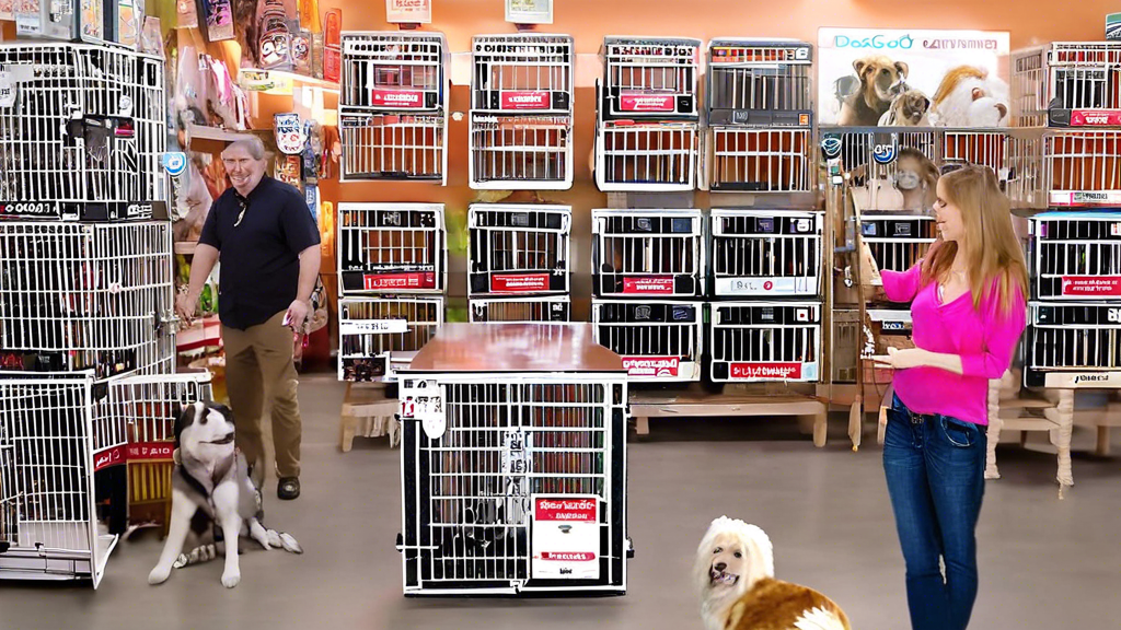 Create an image of a variety of Doskocil dog crates displayed in a pet store setting, with different sizes and styles suited for different breeds of dogs. Include tags on the crates indicating the sui