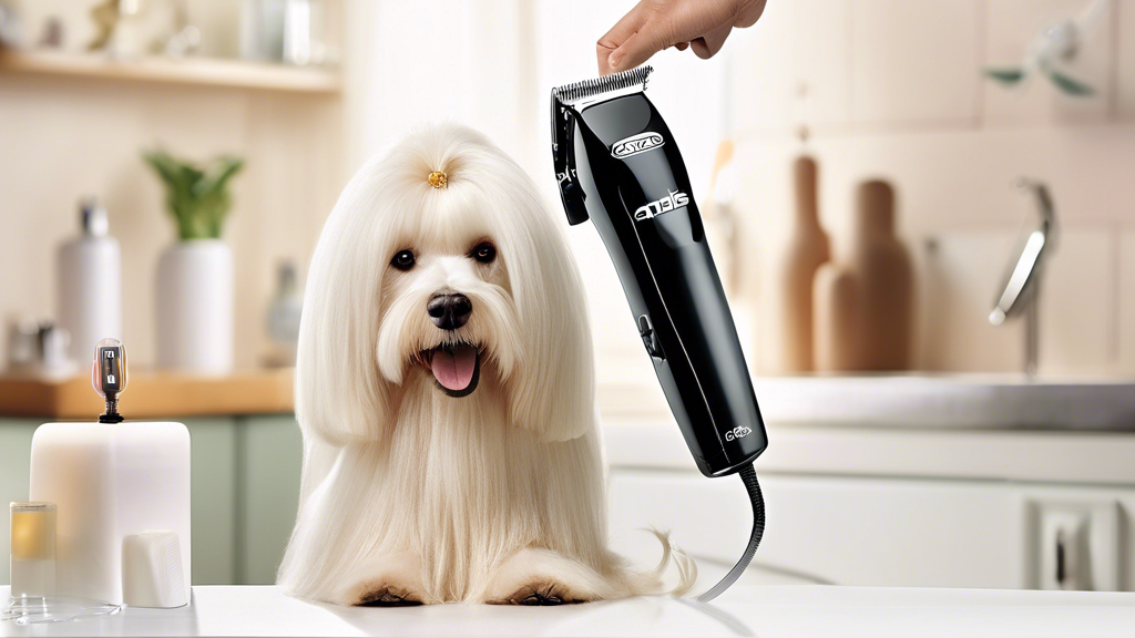 Create an image showcasing the top benefits of Andis cordless dog clippers. The scene should feature a happy groomer effortlessly trimming a well-groomed dog in a tranquil home setting. Highlight the 