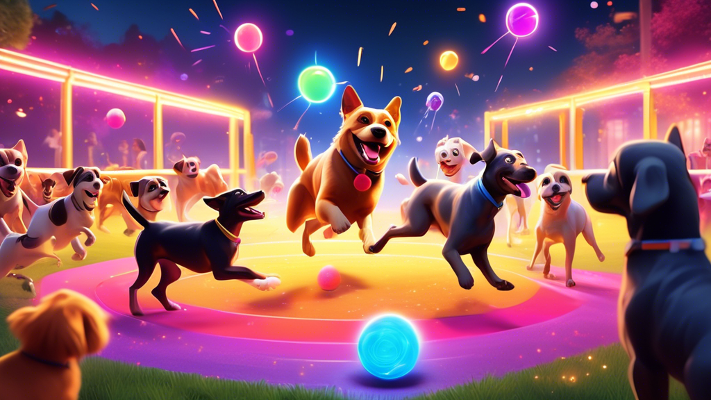 A high-energy dog park scene with various breeds of dogs, all animated and fascinated by a colorful, glowing, and bouncing ball that emits sparks of light. The dogs are caught in mid-jump, full of joy