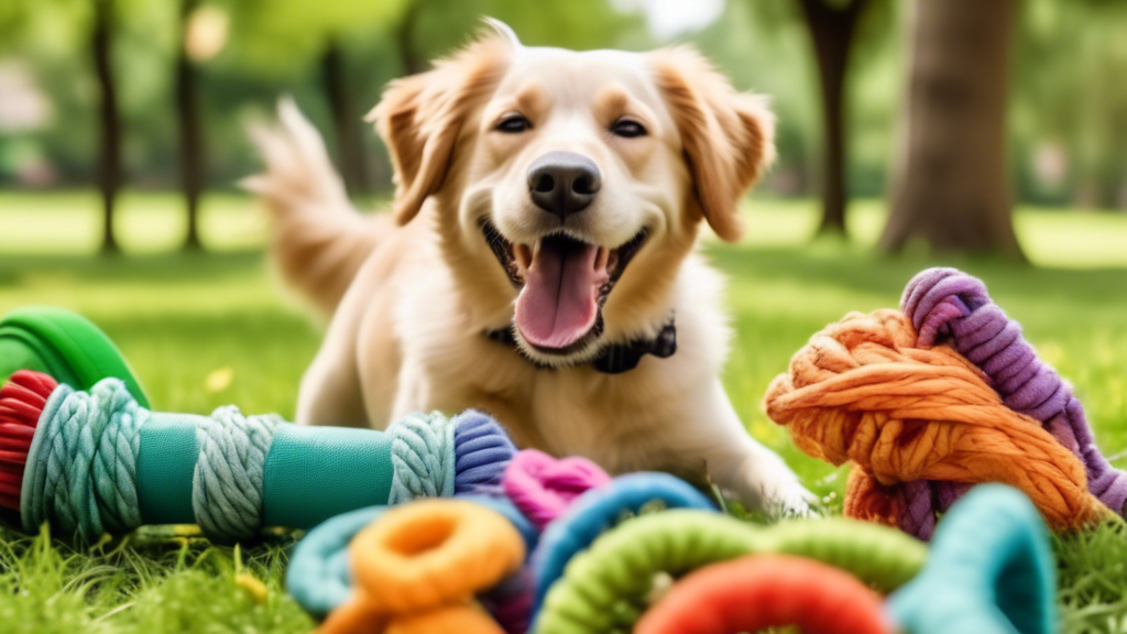 An image of a happy dog playing with eco-friendly toys in a lush, green park. The toys are made from natural materials such as hemp ropes, wooden chew sticks, and recycled fabric. The dog is shown int