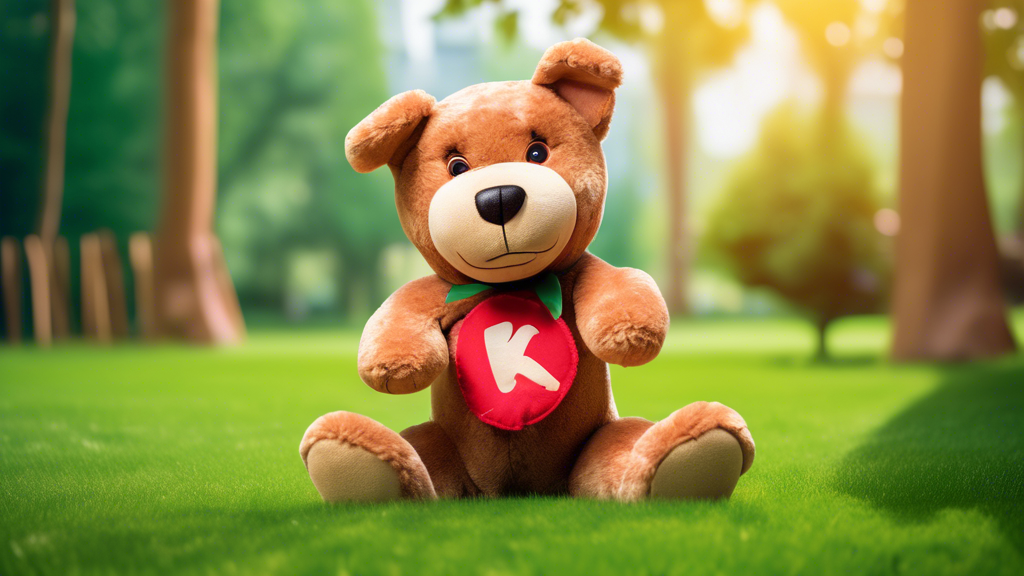 Create an image of a cheerful dog playing with a large, durable teddy bear toy named 'Kong Teddy'. The scene should be set in a vibrant, colorful outdoor park with plenty of green grass, trees, and cl