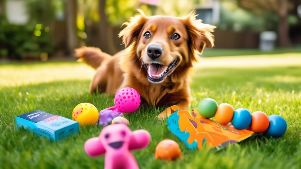 A vibrant and colorful scene with various playful dog toys scattered on a grassy lawn. Featured toys are from BarkBox, including plush animals, rubber balls, and interactive puzzle toys. A happy, ener