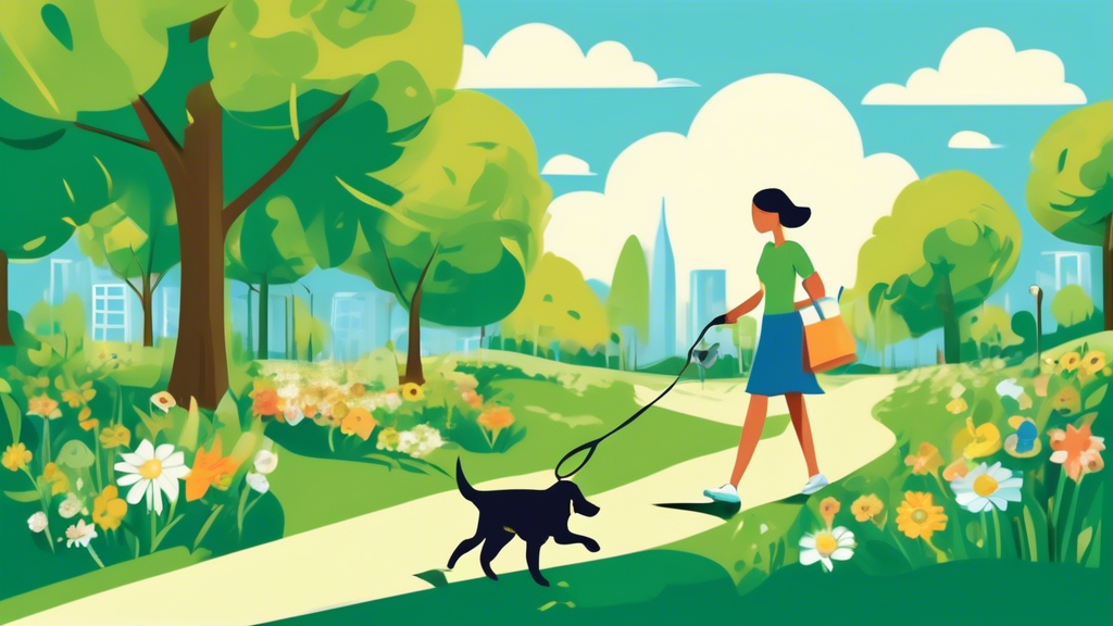 Create an image featuring a cheerful dog owner walking their dog in a lush green park. The owner uses eco-friendly dog waste bags, clearly marked with a green eco-symbol, to clean up dog waste. The sc