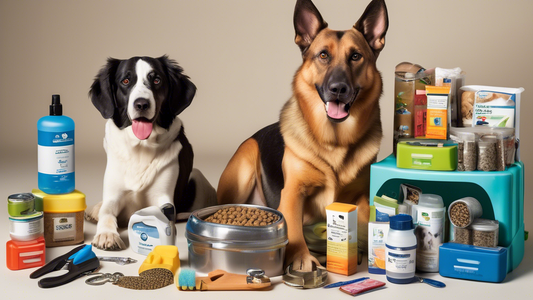 Create an image showcasing a collection of essential K9 supplies that every dog owner needs. Include items such as a high-quality dog bed, a sturdy leash and collar, nutritious dog food, grooming tool