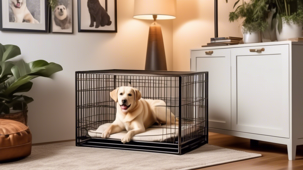 Create an image of a large, sleek metal dog crate with an open door, showcasing its spacious interior. The crate is placed in a cozy, well-decorated living room setting with soft lighting. Nearby, a h