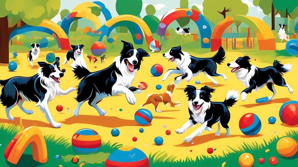 Create an image of playful Border Collies in a vibrant outdoor park, engaging with a variety of stimulating toys such as frisbees, agility tunnels, puzzle toys, and fetch balls. The dogs are energetic