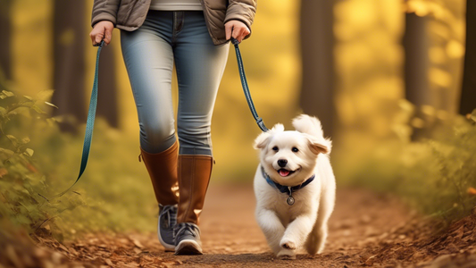 Create an image of a happy, active dog walking with its owner on a beautiful nature trail, using a sturdy, indestructible leash. Highlight details such as durable materials, robust stitching, and rein