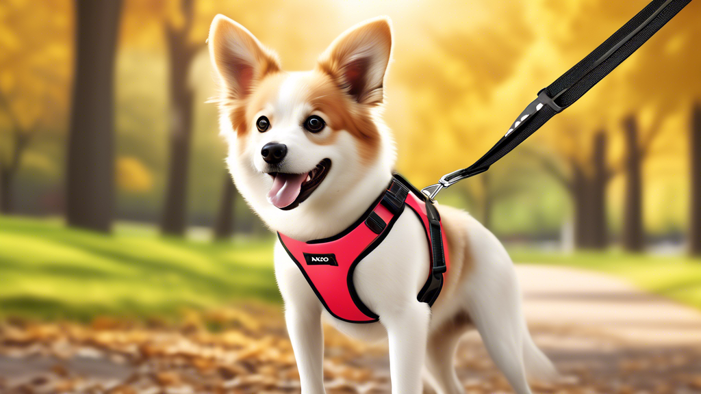 Create an image of a happy dog wearing a sleek, modern harness that includes built-in compartments for waste bags. The dog should be strolling through a clean, picturesque park with an owner walking n