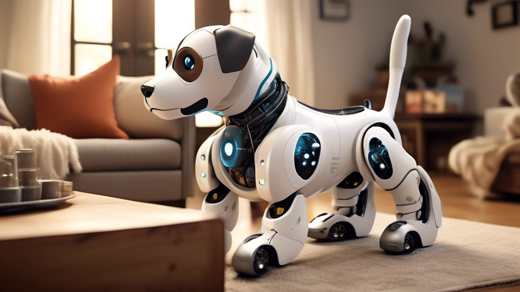 Create an image of a realistic, interactive robotic dog with soft fur, engaging with a family in a living room. The dog should exhibit lifelike movements and express affection as it plays with childre