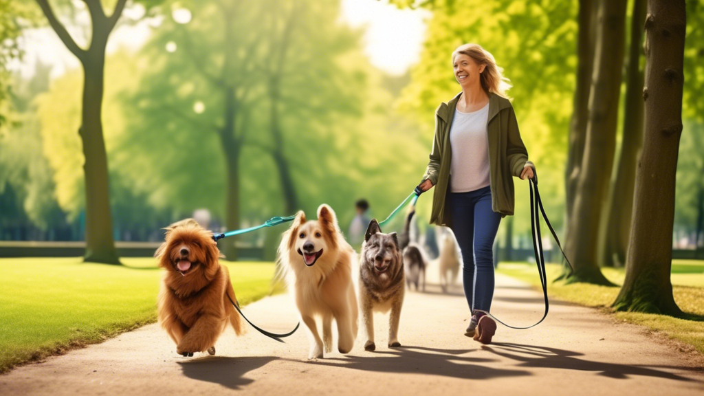 Create an image of a happy dog owner walking two energetic dogs using a double dog lead in a picturesque park. The dogs are walking calmly side by side, the double lead ensuring they stay close but ha