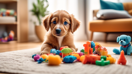 Create a heartwarming scene of a puppy playing in a cozy living room filled with toys. The puppy is surrounded by safe, chewable toys and a caring owner who is gently teaching it with positive reinfor