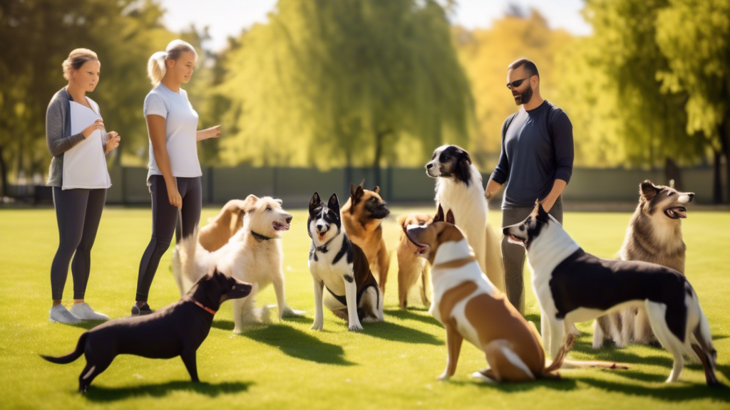 Create an image of several well-behaved dogs of various breeds attentively participating in a structured outdoor training session with a professional dog trainer. The setting is a beautiful park on a 