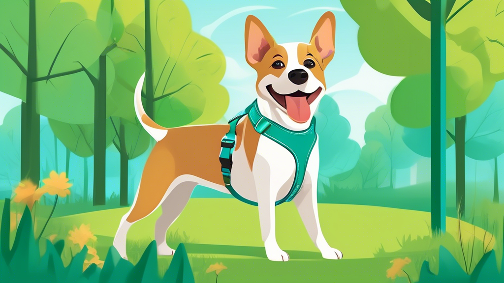 Create an image showcasing a happy dog wearing a stylish teal harness in a park setting. The harness should have adjustable straps and padded material for comfort. Display various designs of teal dog 