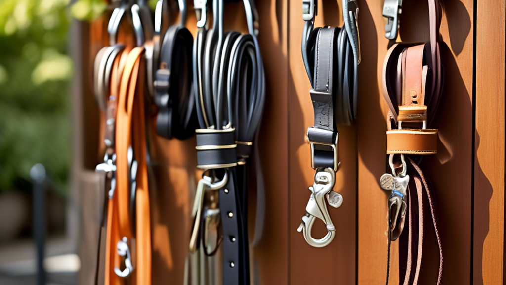 Create an image that showcases a variety of dog leads displayed on a rack, ranging from retractable leashes, rope leashes, leather leads, to harness lead combinations. Include different breeds and siz