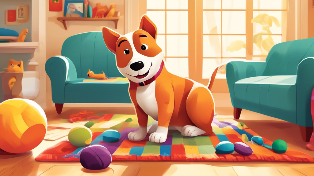 Create a vibrant and playful scene featuring a happy dog engaging with a realistic, durable chipmunk-shaped dog toy in a cozy living room. Include elements like a soft rug, a comfy sofa, and a sunny w