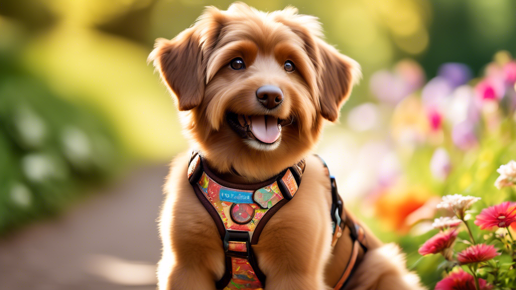 Create a detailed and vibrant image of a medium-sized brown dog wearing a stylish, comfortable, and well-fitted brown harness. The background should be a beautiful park on a sunny day, with lush green