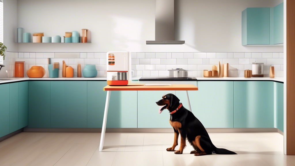 An image of a modern kitchen with sleek counters, featuring a stylish and compact dog treat dispenser in the corner, automatically dispensing treat into a happy dog's bowl while the dog eagerly wags i