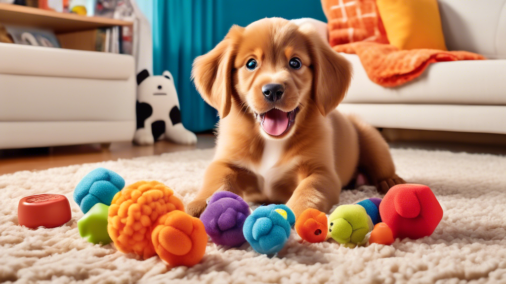 Create an image of a cheerful puppy playing with a variety of colorful Kong puppy toys in a cozy and playful indoor setting. The background features a soft, carpeted area with a few scattered dog blan