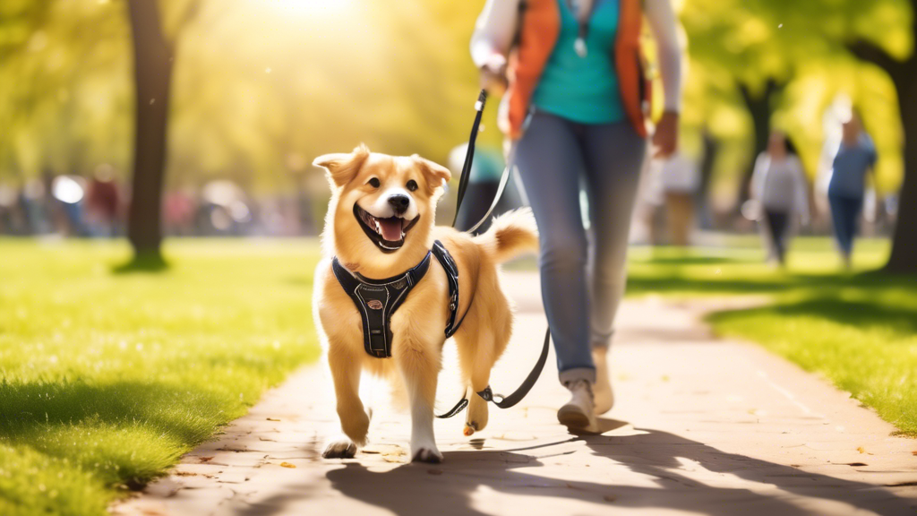 Create an image of a happy dog wearing a bright and comfortable no-pull harness, playfully walking alongside its owner in a sunny park. The dog is not pulling on the leash, and both the dog and the ow