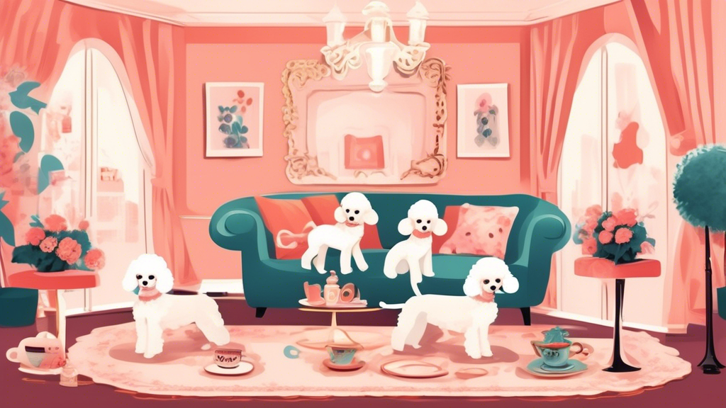 Create an image of an elegant living room with cozy lighting, where adorable teacup poodles are playfully interacting. Each poodle showcases its unique charm and personality, some wearing cute outfits